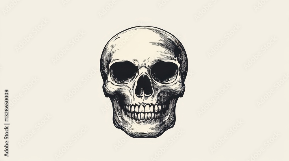 Obraz premium A highly detailed skull illustration is centered against a plain background, highlighting its anatomical features in black and white. This artwork emphasizes the structure and beauty of the skull