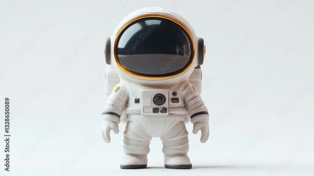 A small astronaut figure poses against a minimalist white background A small astronaut figure poses against a minimalist white background