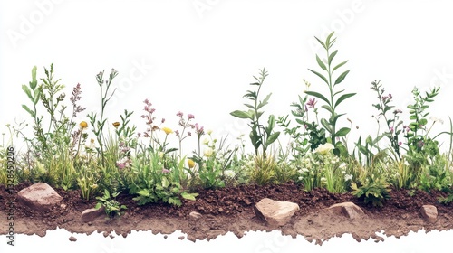 Diverse wildflowers in soil cross-section on white background