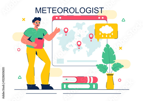 Meteorologist Vector Illustration featuring a Weather Forecaster Analyzing Atmospheric Precipitation Maps and Weather Patterns in a Flat Background