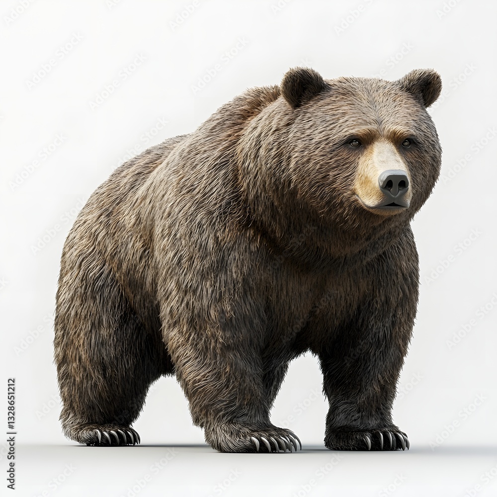 Fototapeta premium A stunning 3D render of a majestic grizzly bear, showcasing its powerful physique and dense fur against a clean white background. Detailed Animal isolated on white background. Majestic Grizzly Bear