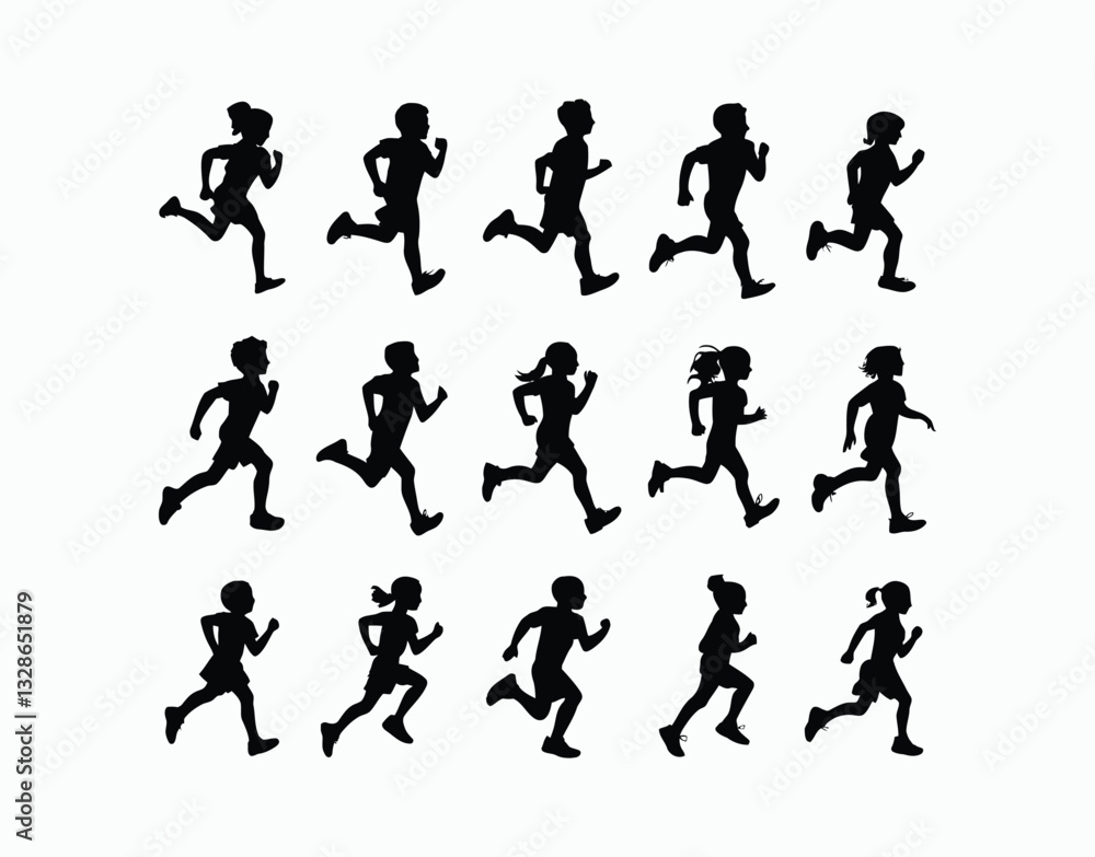 Silhouette of Children Running Vector Template Silhouette of Children Running Vector Template