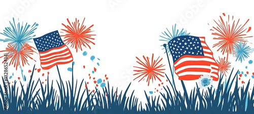 Patriotic display with american flags and red and blue fireworks
