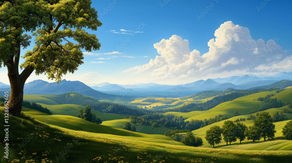 Serene Summer Landscape Rolling Green Hills Under a Blue Sky Serene Summer Landscape Rolling Green Hills Under a Blue Sky