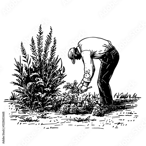 Engraved illustration of a gardener tending to plants in a lush garden setting, showcasing dedication and connection to nature