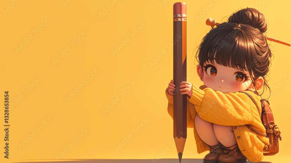 Female character holding brown pencil. Cartoon girl, fashion Girl. Manga, Anime wallpaper. Female character holding brown pencil. Cartoon girl, fashion Girl. Manga, Anime wallpaper.