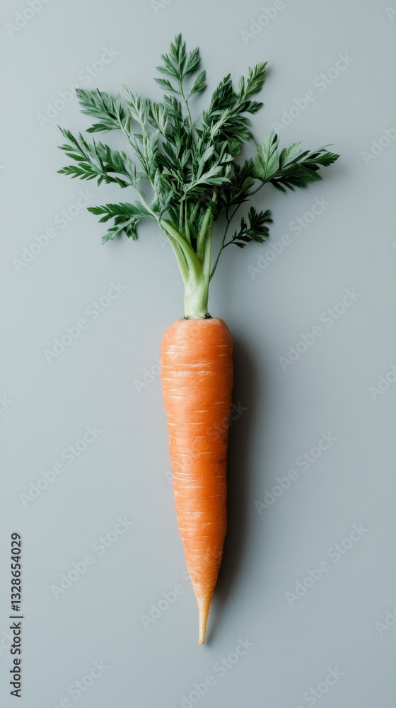 Single orange carrot with green leafy top on gray background. Overhead studio shot. Single orange carrot with green leafy top on gray background. Overhead studio shot.