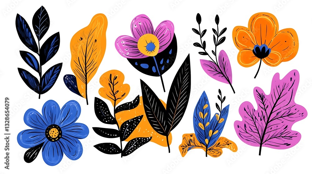 Obraz premium Vibrant Hand-Drawn Floral Elements: A Collection of Modern Botanical Illustrations AI Generated