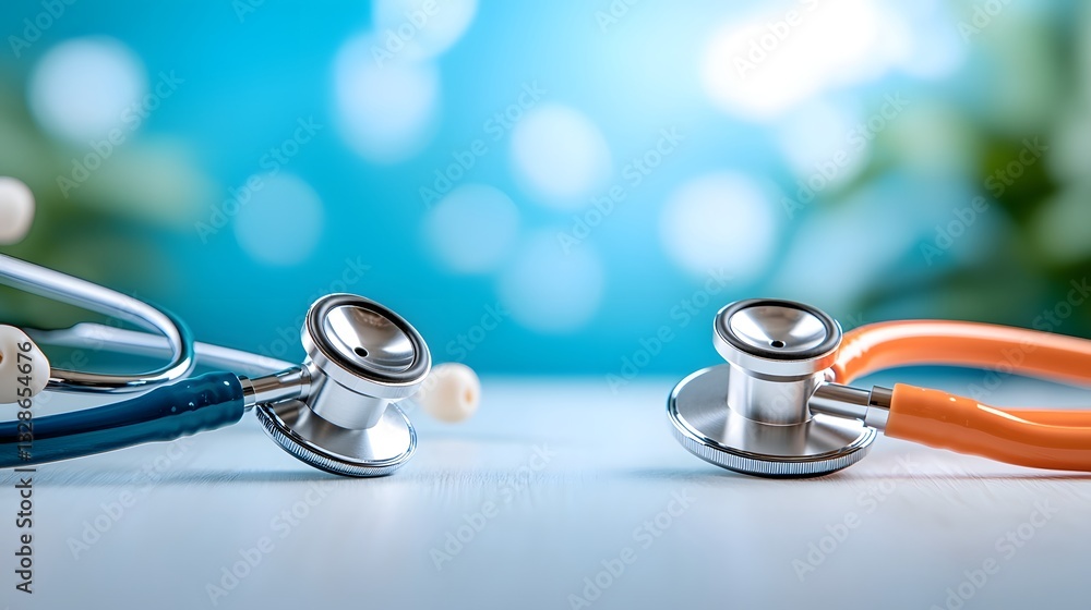 Holographic comparison of traditional and AI powered stethoscopes showcasing the front view and visualizing the next level medical evolution with an advanced tone and colored pastel aesthetic Holographic comparison of traditional and AI powered stethoscopes showcasing the front view and visualizing the next level medical evolution with an advanced tone and colored pastel aesthetic