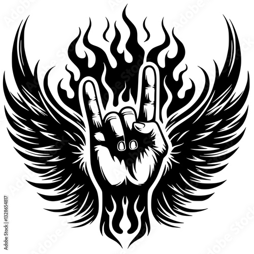 Rock n roll hand silhouette on fire