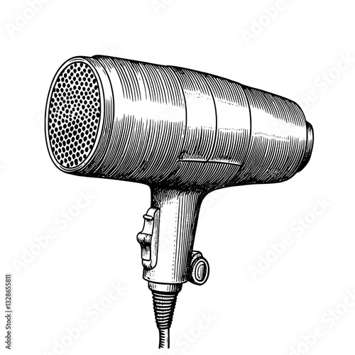 Intricate engraved illustration of a vintage hairdryer ideal for tattoo designs and unique packaging concepts