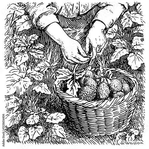 Harvesting ripe strawberries from a bountiful garden at dawn, hands skillfully gather and secure fruits for enjoyment