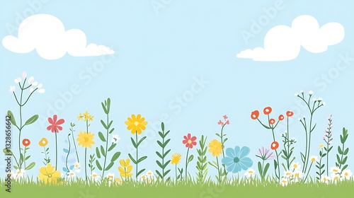 Colorful meadow flowers growing, green grass, blue sky background, spring floral design