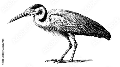 Elegant engraved heron illustration ideal for tattoo and packaging design inspirations with intricate details and artistic flair