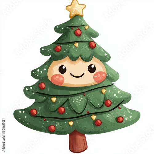 Wallpaper Mural Cute Cartoon Christmas Tree Character with Smile, Ornaments, and Star Decoration for Holiday Illustrations and Cards Torontodigital.ca