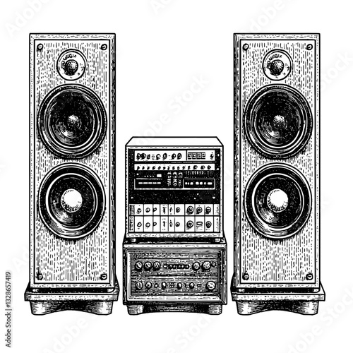 Vintage audio equipment illustration featuring retro speakers and a cassette deck for creative applications