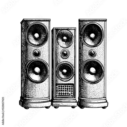 Engraved vector illustration of vintage speakers designed for tattoos and packaging