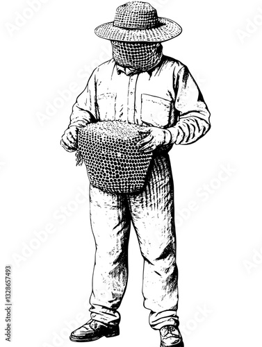 Engraved illustration of a beekeeper inspecting a honeycomb with intricate detailing in a vintage style