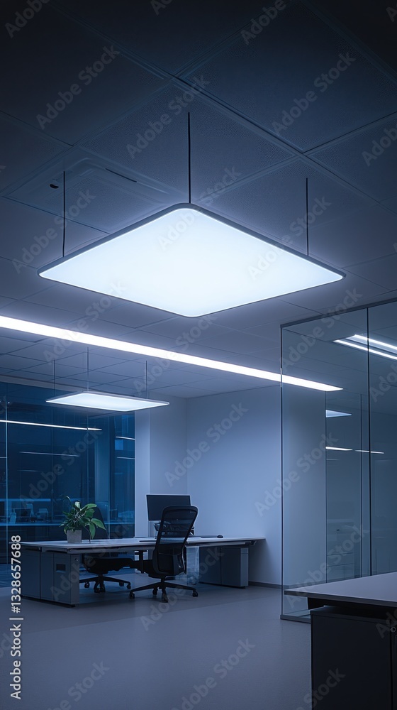 Modern office interior with hanging lights and minimalist furniture arrangement Modern office interior with hanging lights and minimalist furniture arrangement