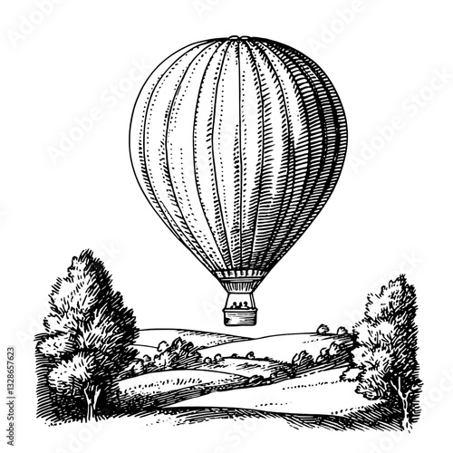 Imaginary journey in the sky with a beautifully engraved hot air balloon floating over a serene landscape of rolling hills and trees