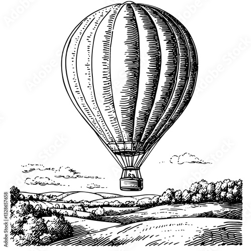 Elevating artistry with an engraved hot air balloon in a serene landscape capturing the essence of adventure and freedom