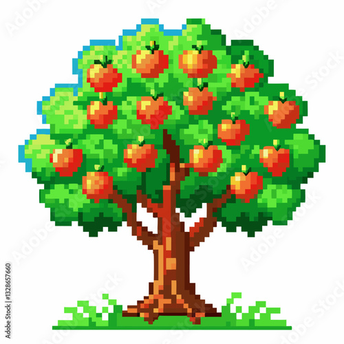 Pixel Art Fruit Tree with Ripe Red Apples on White Background