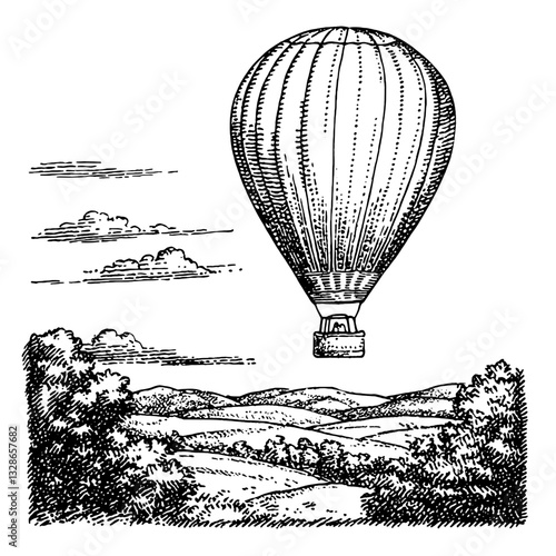 Vector illustration of a vintage hot air balloon soaring above idyllic hills and clouds in a serene landscape