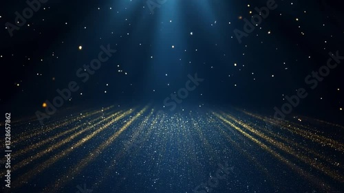 Stage opening golden stage glitter animation, spotlights and luxury blue light streak. Particle luxury for ceremony background
