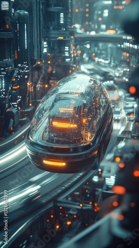 Futuristic cityscape with levitating vehicle