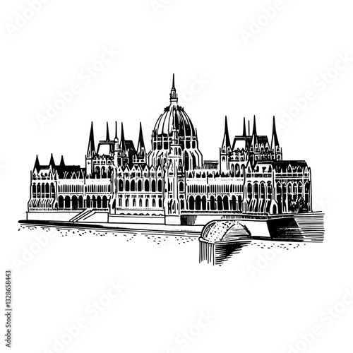 Intricate engraved illustration of a majestic architectural marvel by the river, perfect for tattooing or bespoke packaging designs