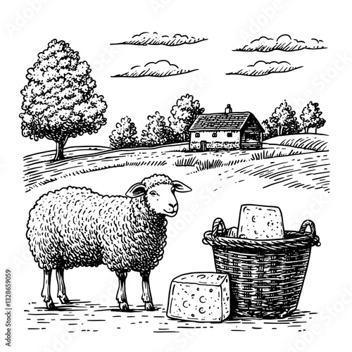 Engraved illustration of a sheep and cheese in a rustic farm landscape with a cozy cottage
