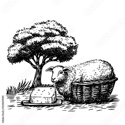 Charming illustration featuring a sheep beside a cheese platter under a lush tree in a serene countryside setting