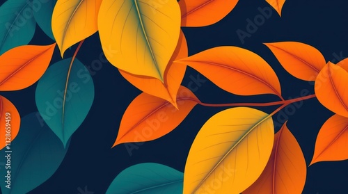 Wallpaper Mural Colorful Autumn Leaves Pattern with Orange, Yellow and Teal on Dark Torontodigital.ca