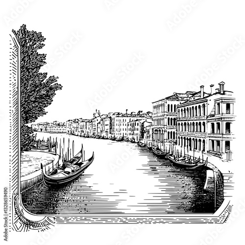 Venetian canals come alive with detailed engravings capturing timeless moments and classic architecture