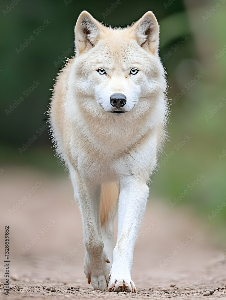 Obraz premium A pale wolf with striking blue eyes walks directly towards the viewer on a dirt path
