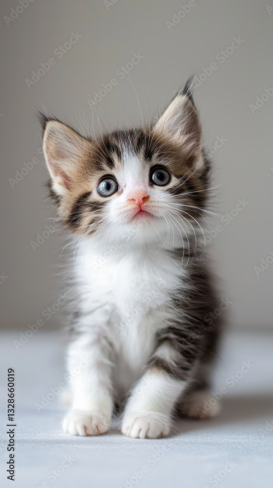 Obraz premium Playful and adorable tiny kitten sitting comfortably in a realistic photography setting with ample copy space