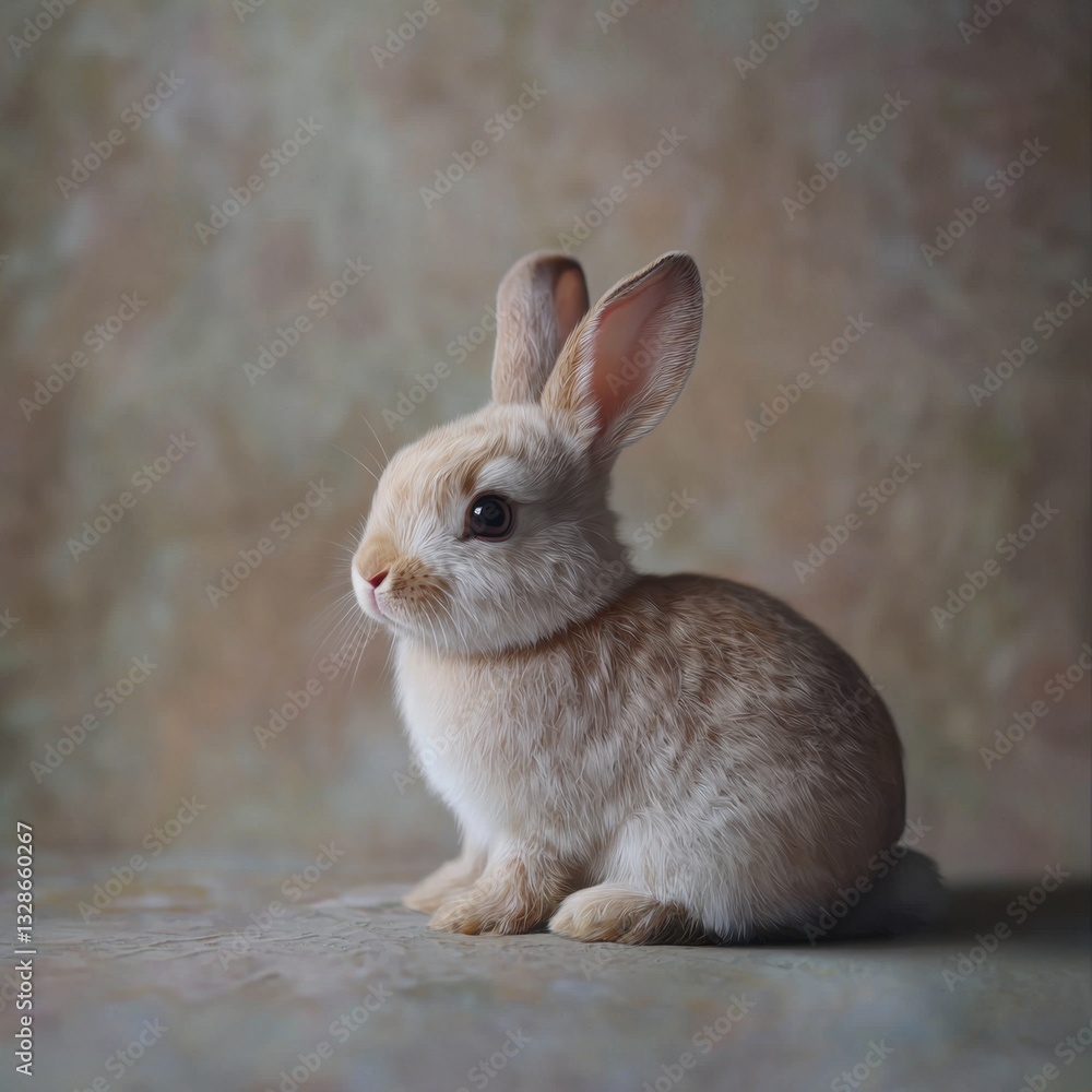 Whimsical small rabbit sitting calmly on a wooden table surrounded by soft light and copy space for text Whimsical small rabbit sitting calmly on a wooden table surrounded by soft light and copy space for text