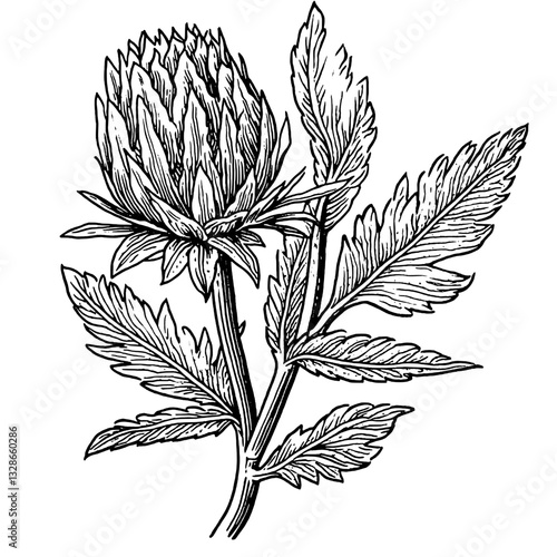 Floral design featuring intricate engraving of an artichoke plant for artistic applications