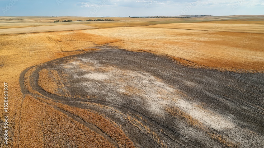Fototapeta premium Harvested Fields for Aerial View, Drought Damage.