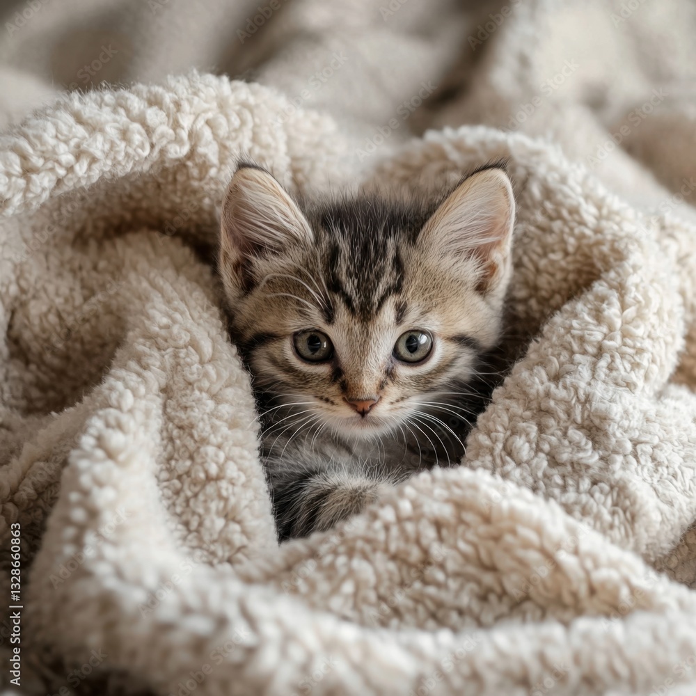 Obraz premium Adorable kitten peeking out from a soft blanket with a curious expression captured in a warm and cozy setting