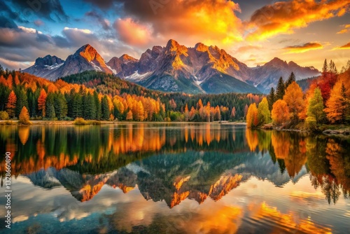 Golden hour illuminates breathtaking panorama: vibrant autumn hues, majestic peaks, tranquil lake.