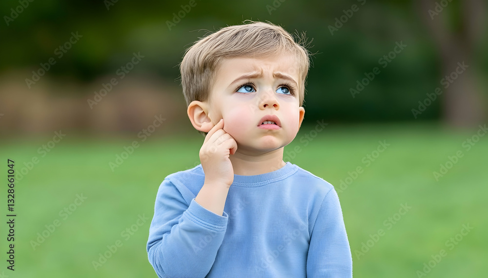 A pensive toddler in a blue shirt, outdoors, thoughtfully touching his cheek, gazing upward A pensive toddler in a blue shirt, outdoors, thoughtfully touching his cheek, gazing upward