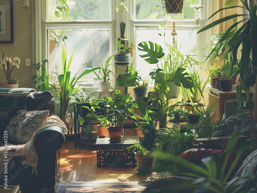 Fototapeta premium Lush Indoor Garden Oasis, Sunlit Room Filled with Thriving Houseplants