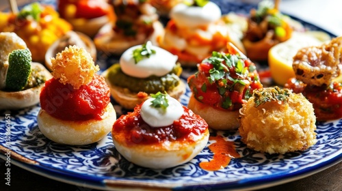 Delicious mushroom appetizers with various toppings on a patterned plate