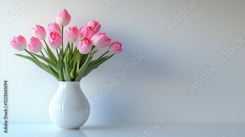Pink tulips in a white vase against a textured white background. Soft lighting creates a serene atmosphere.