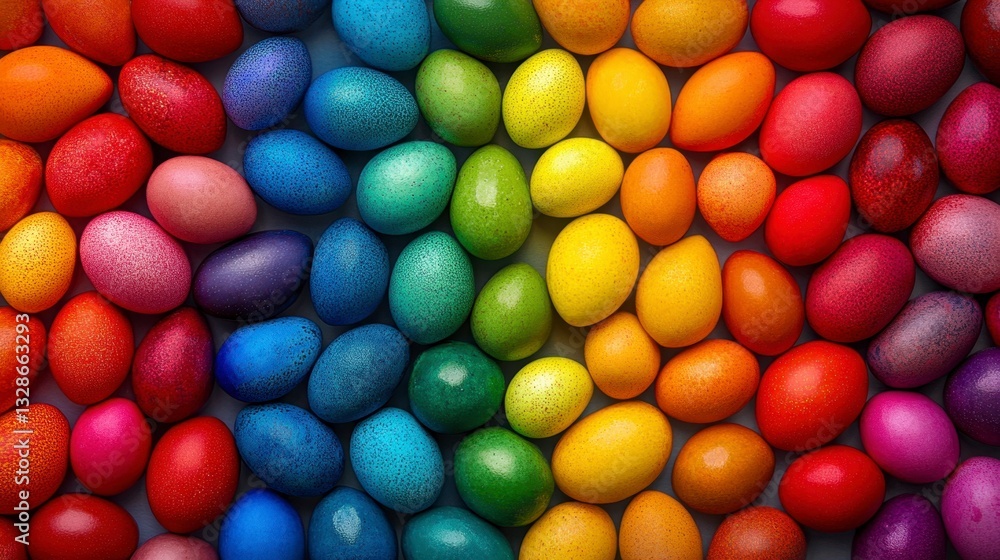 Obraz premium Vibrant rainbow colored speckled Easter eggs arranged in a close up overhead shot. The eggs create a colorful, festive pattern against a subtle gray background.