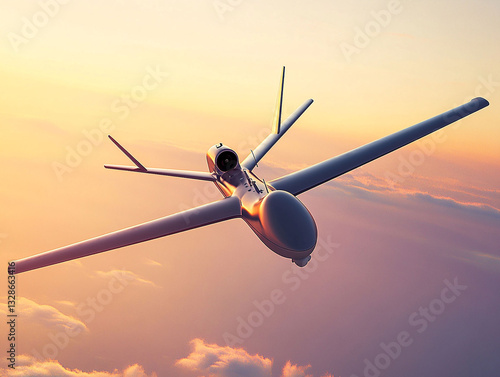 Military drone gliding through a vibrant sunset sky, showcasing advanced warfare technology and innovation in aerial combat operations