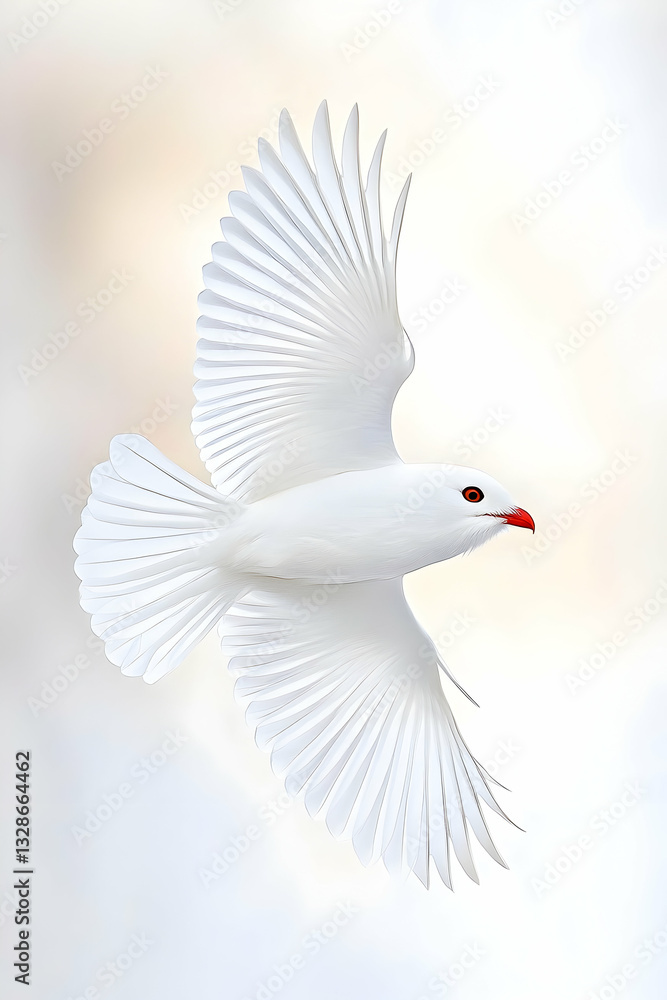 Fototapeta premium A pristine white dove in graceful flight against a soft, blurred background