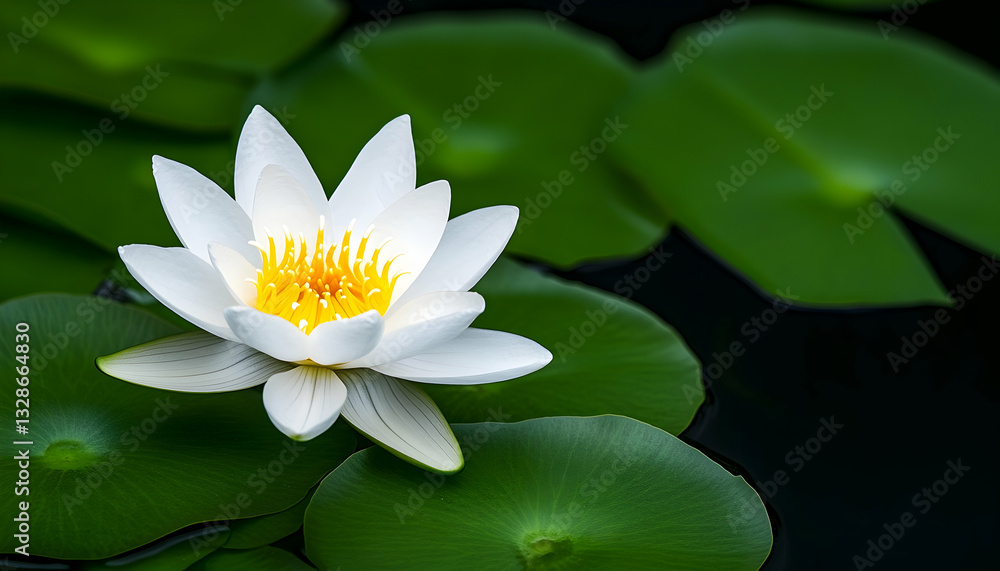 A pristine white water lily with a vibrant yellow center, gracefully floats atop dark green lily pads in a serene pond A pristine white water lily with a vibrant yellow center, gracefully floats atop dark green lily pads in a serene pond