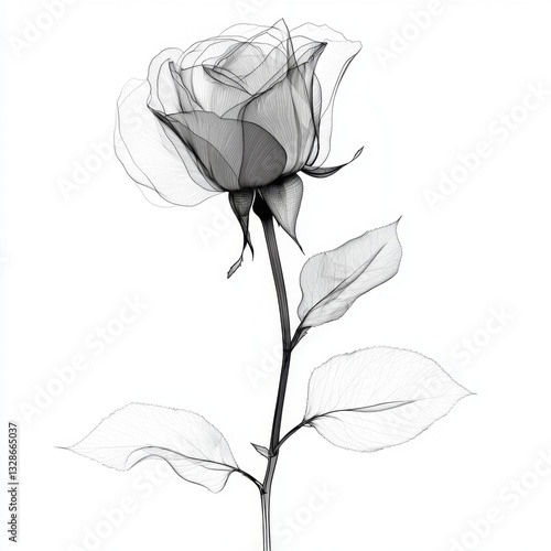 Elegant Black and White Floral Illustration of a Rose with Intricate Line Art Design for Creative Projects